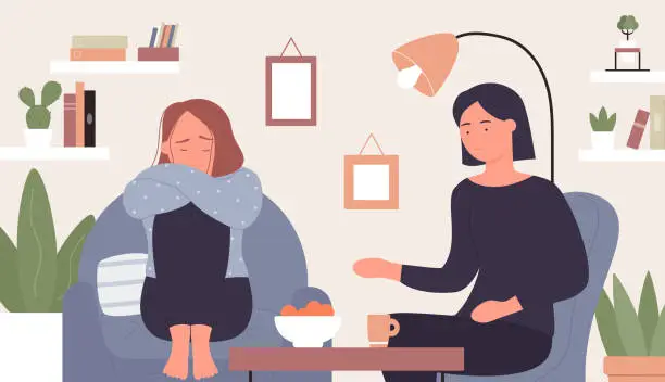 Vector illustration of Mental health support, cartoon psychologist counsel taking care and help, counselling woman patient