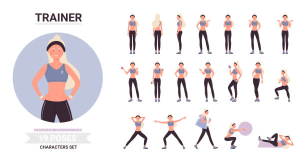 ilustrações de stock, clip art, desenhos animados e ícones de fitness trainer woman poses in workout cartoon set, blonde character training with ball, dumbbells - secrecy instructor exercising individuality