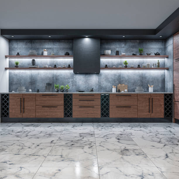 大理石の床にモダンな豪華なキッチン - tiled floor tile floor marble ストックフォトと画像