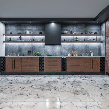 Modern luxury kitchen with marble kitchen counter on marble floor. Concrete tiled background with shelves, decoration and different lighting. Vintage effect applied on 3D rendered image.