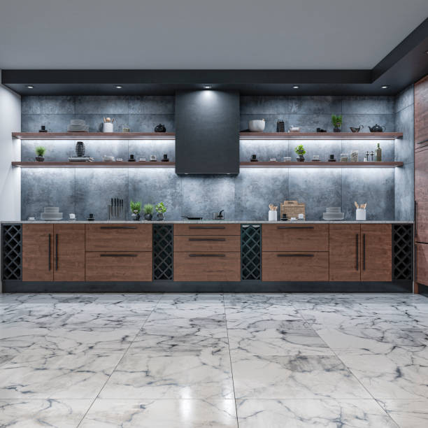 Modern luxury kitchen on marble floor Modern luxury kitchen with marble kitchen counter on marble floor. Concrete tiled background with shelves, decoration and different lighting. Vintage effect applied on 3D rendered image. streaky lights stock pictures, royalty-free photos & images