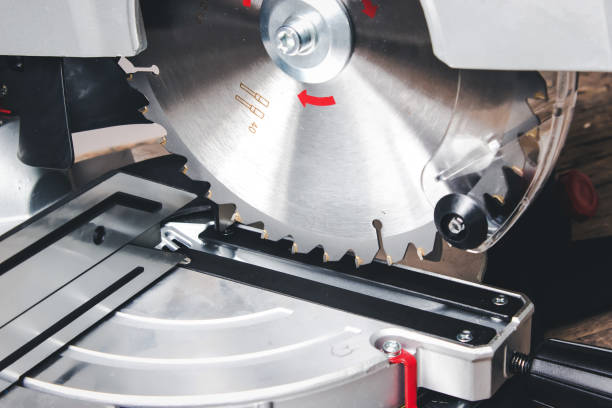 istock Compound mitre saw. Wood and sawing machine construction ideas concept. 1281513961