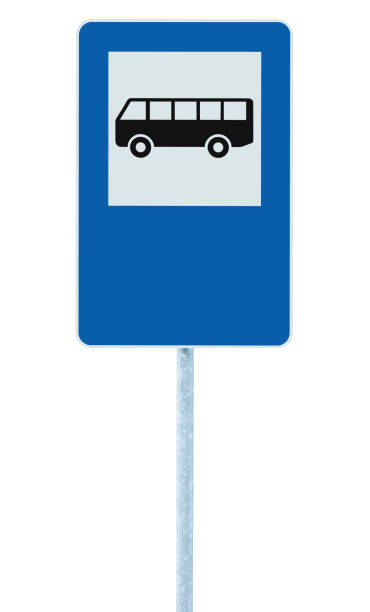 istock Bus stop road sign, isolated grey pole post, blue roadside traffic signage, large vertical closeup, isolated blank empty copy space 1281513980