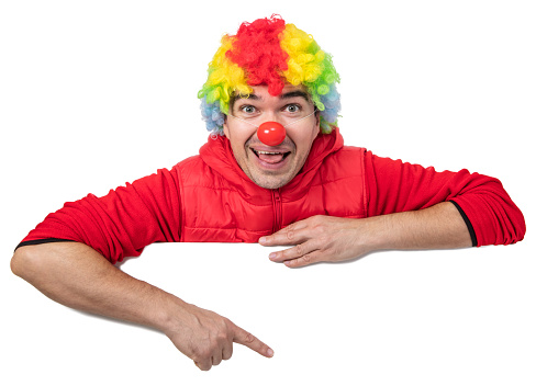 Smiling funny clown with a multi colored wig holding a white blank sign showing something by his index finger. Isolated on white. You can add extra white space with your message to the bottom.