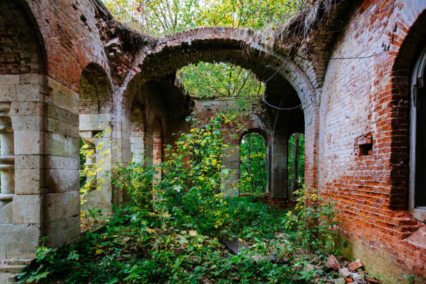 istock Old ancient abandoned red brick ruins overgrown by plants 1281514247