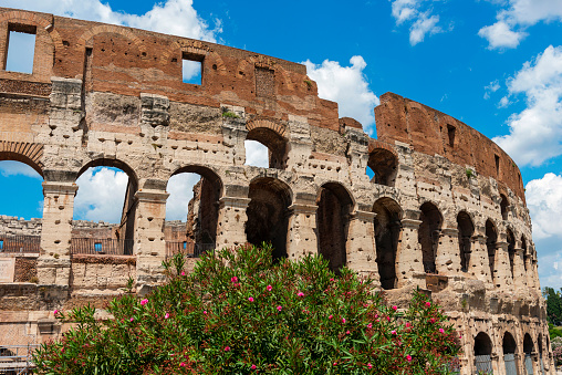 External view of the Colosseum in Rome, Italy. The Verona Arena in Piazza Bra square. Roman amphitheatre Arena di Verona ancient building.