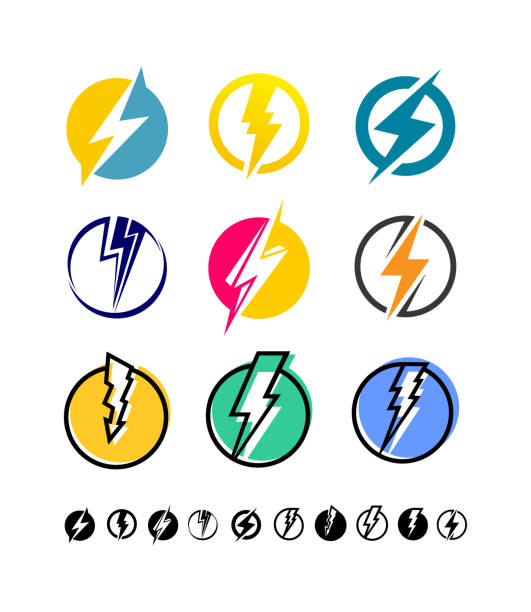 ilustrações de stock, clip art, desenhos animados e ícones de set of lightning, electric power logo design element. energy and thunder electricity symbol concept. lightning bolt in the circle. flash emblem template. power fast speed. isolated on white background - editorial use flash