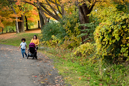 Mother with two mixed-race children enjoying autumn’s colours in urban park. They are wearing casual clothes and are walking peacefully. Horizontal outdoors full length shot with copy space.