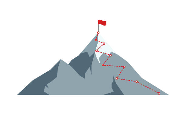 illustrations, cliparts, dessins animés et icônes de itinéraire d’escalade au sommet avec drapeau rouge sur la roche supérieure. chemin d’affaires chemin dans la motivation de progrès et le succès cible aspiration concept. illustration vectorielle de direction d’objectif de mission de carrière - climbing clambering mountain rock climbing