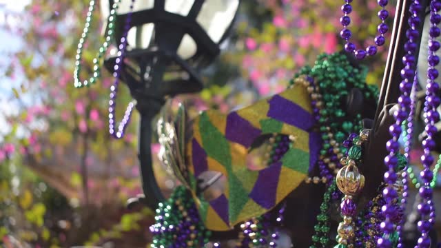 Outdoor Mardi Gras beads and mask