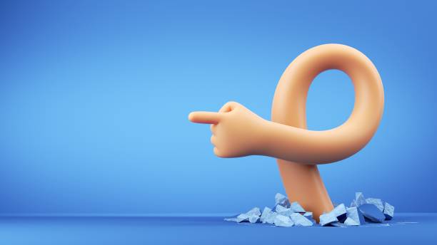 istock 3d render, funny cartoon character flexible hand shows left direction, pointing finger, clip art isolated on blue background. Best choice metaphor, recommendation concept 1281519266
