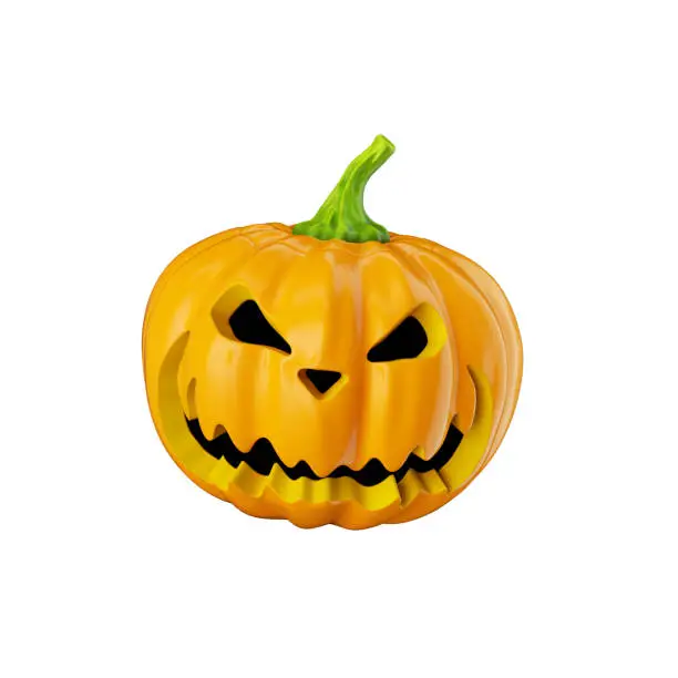 Photo of 3d render, pumpkin with scary face. Jack o'lantern character. Halloween clip art isolated on white background