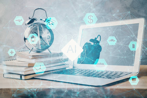 istock Double exposure of desktop with computer on background and tech theme drawing. Concept of big data. 1281528355