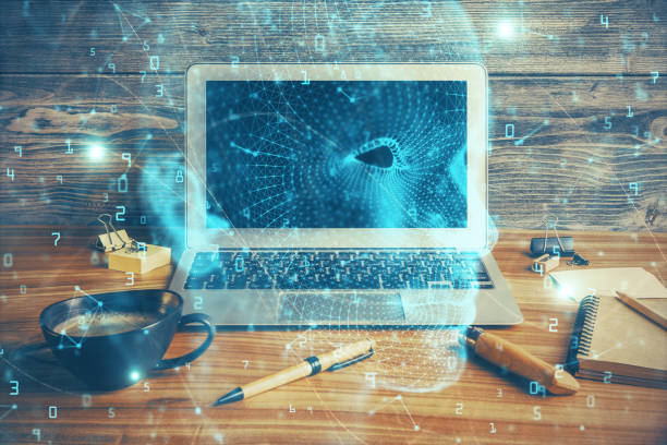 istock Double exposure of desktop computer and human brain drawing hologram. Ai concept. 1281528369