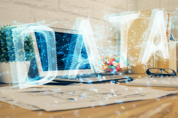 istock Multi exposure of desktop with personal computer and tech theme drawing. Concept of Bigdata. 1281528460