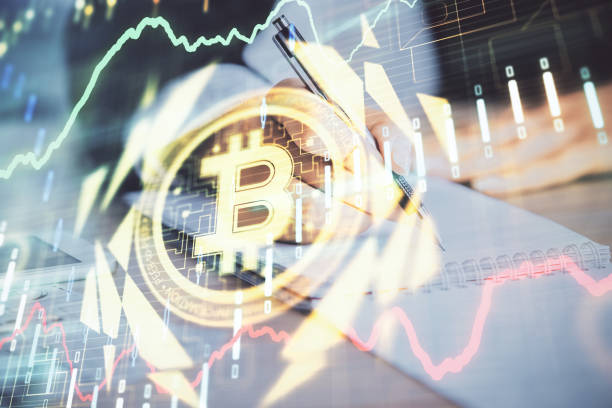 istock Cryptocurrency hologram over woman's hands writing background. Concept of blockchain. Multi exposure 1281529026