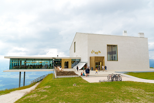 Kronplatz, Italy - August 28, 2020: Lumen Museum of Mountain Photography on Kronplatz, Alto Adige. Built in 2017, the House of Mountain Photography includes a number of event and meeting rooms, as well as an exclusive restaurant.