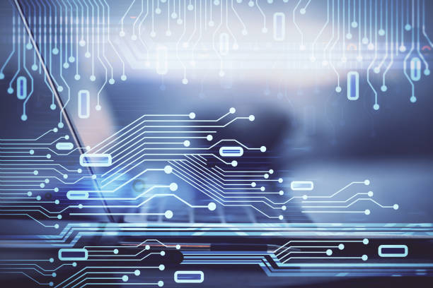 istock Double exposure of computer and technology theme drawing. Concept of innovation. 1281529221