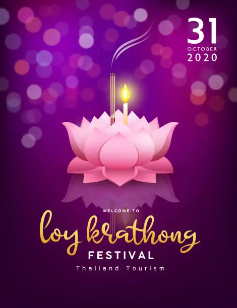 Vector illustration of Loy krathong festival thailand pink lotus, at night on bokeh purple background, Eps 10 vector