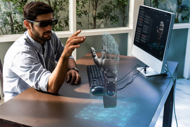 engineer in smart factory which use futuristic technology combine big data, iot, 5g, machine deep learning, automation robot, augmented mixed virtual reality, digital twin, artificial intelligence