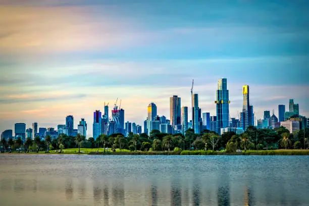 Photo of Melbourne, Australia, skyline at dusk over Albert Park Lake.  2020 image with new skyscrapers.