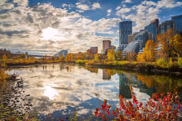 Downtown Calgary Views From An Autumn Park stock photo