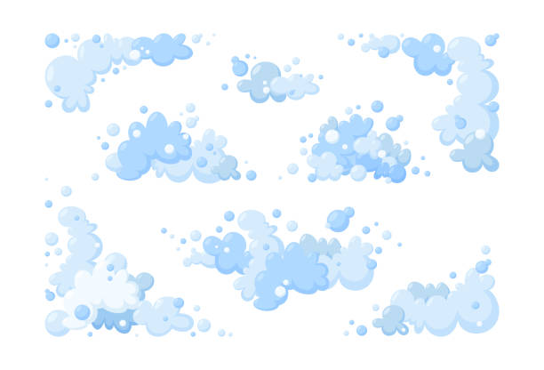 石鹸や雲で作られた泡。青い泡と異なる形状の泡の大きなセット。曇りのフレームとコーナー。ベクトルの図 - wet shave点のイラスト素材／クリップアート素材／マンガ素材／アイコン素材
