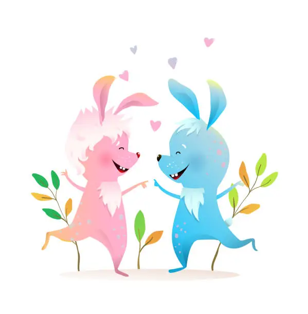 Vector illustration of Rabbits or Bunnies Jumping Dancing Kids Cartoon