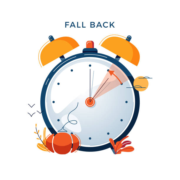 Daylight Saving Time concept. Autumn landscape with text Fall Back, the hand of the clocks turning to winter time. DST in Northern Hemisphere, USA time, vector illustration, modern flat style design Daylight Saving Time concept. Autumn landscape with text Fall Back, the hand of the clocks turning to winter time. DST in Northern Hemisphere, USA time, vector illustration in modern flat style design turning illustrations stock illustrations