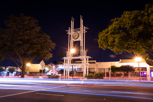 Nighttime long exposure view of the downtown commercial district of Rialto, California, USA.