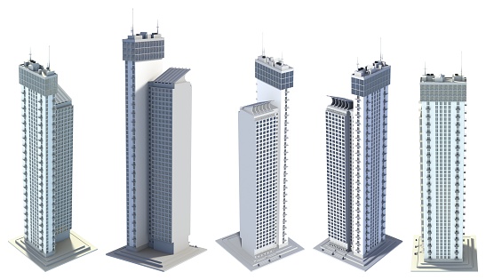 Set of 5 renders of fictional design commercial tall buildings living towers with sky reflection - isolated on white, view from above 3d illustration of skyscrapers
