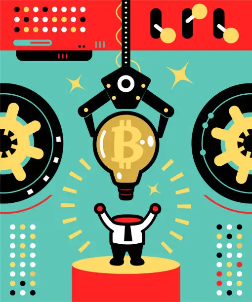 Vector illustration of The robotic arm uses an idea light bulb with a Cryptocurrency Bitcoin sign as a businessman's head; To train (rewire) your brain to make more money (financial success)