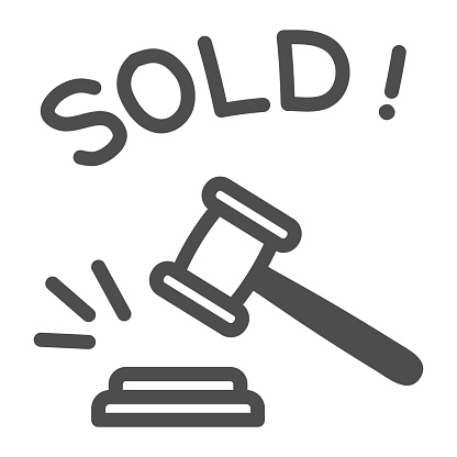 Auction hammer with sold text line icon, finance concept, hitting wooden gavel in auction sign on white background, hammer and word sold icon in outline style. Vector graphics