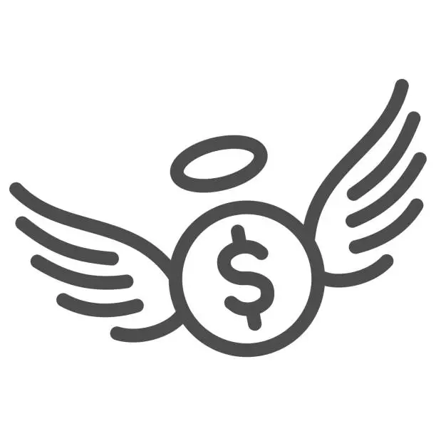 Vector illustration of Flying dollar coin line icon, Finance concept, Dollar coin with wings sign on white background, Flying cash icon in outline style for mobile concept and web design. Vector graphics.