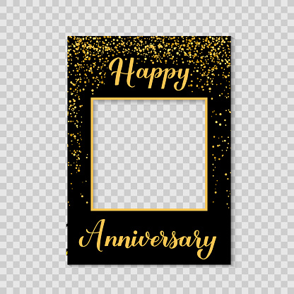 Happy Anniversary photo booth frame on a transparent background. Birthday or wedding anniversary party photobooth props. Black and gold confetti party decorations. Vector template.