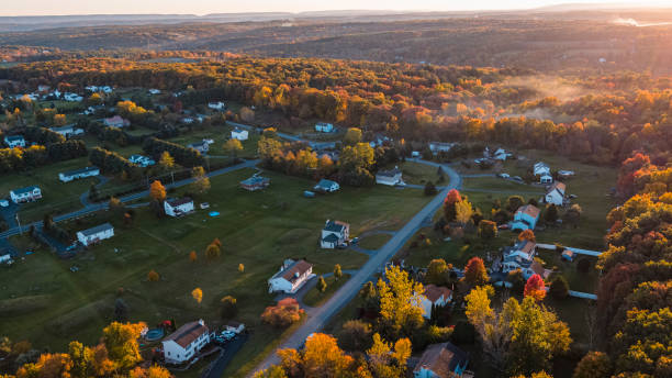 Sunset over the small American town in mountains.