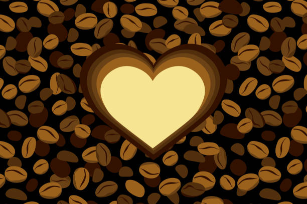 ilustraciones, imágenes clip art, dibujos animados e iconos de stock de fondo de granos de café y corazón brillante. ilustración abstracta. - coffee bean coffee crop heap backgrounds
