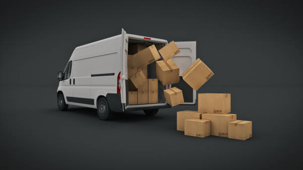 commercial delivery vans with cardboard boxes. 3d rendering commercial delivery vans with cardboard boxes. 3d rendering car transporter truck small car stock pictures, royalty-free photos & images