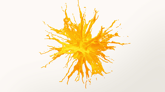Animación de la explosión de salpicaduras de jugo de naranja Aislado sobre fondo azul. photo