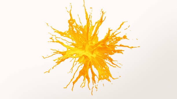 animación de la explosión de salpicaduras de jugo de naranja aislado sobre fondo azul. - cámara lenta fotografías e imágenes de stock