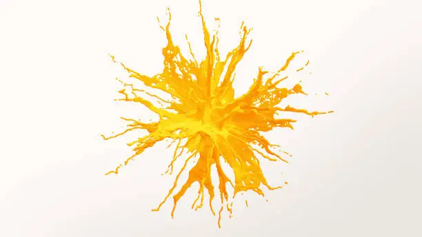 Animation of the orange juice splashing explosion Isolated on blue background.