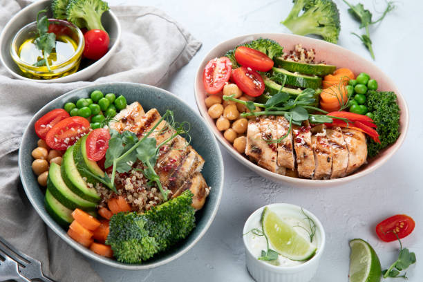 istock Healthy chicken Buddha bowl with vegetables 1281564019