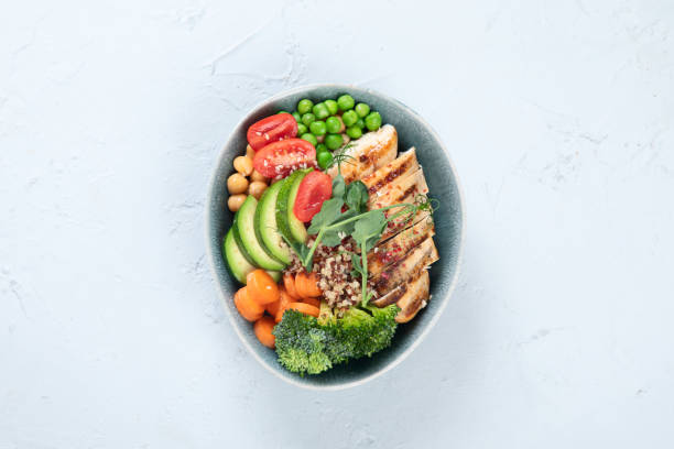 istock Healthy chicken Buddha bowl with vegetables 1281564056