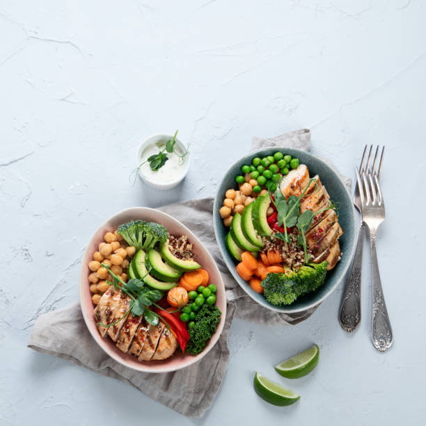 istock Healthy chicken Buddha bowl with vegetables 1281564180
