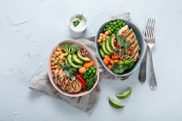 istock Healthy chicken Buddha bowl with vegetables 1281564253