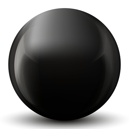 Glass black ball or precious pearl. Glossy realistic ball, 3D abstract vector illustration highlighted on a white background. Big metal bubble with shadow.