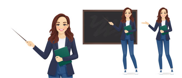 Teacher at blackboard Female young teacher in casual clothes at blackboard with copy space showing something using pointer stick isolated vector illustration teacher clipart stock illustrations