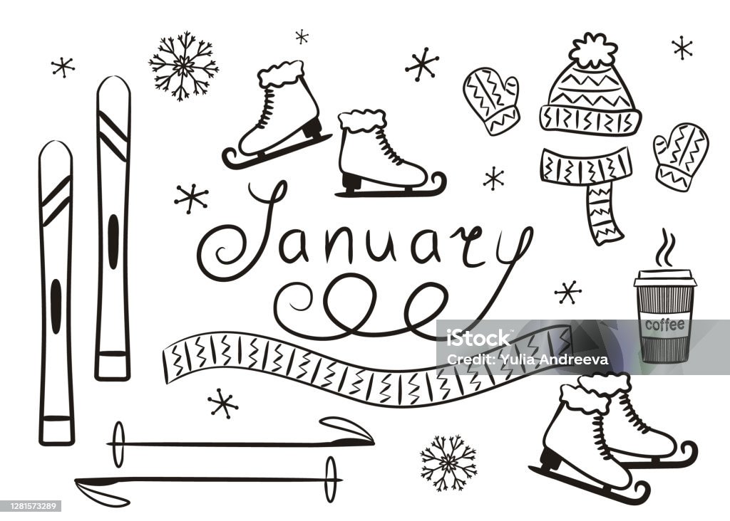 January Representation Set Of Handdrawn January Elements Isolated On White Background Stock ...