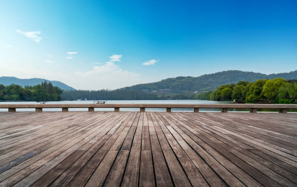istock Wooden viewing platform and remote mountain lake 1281580216