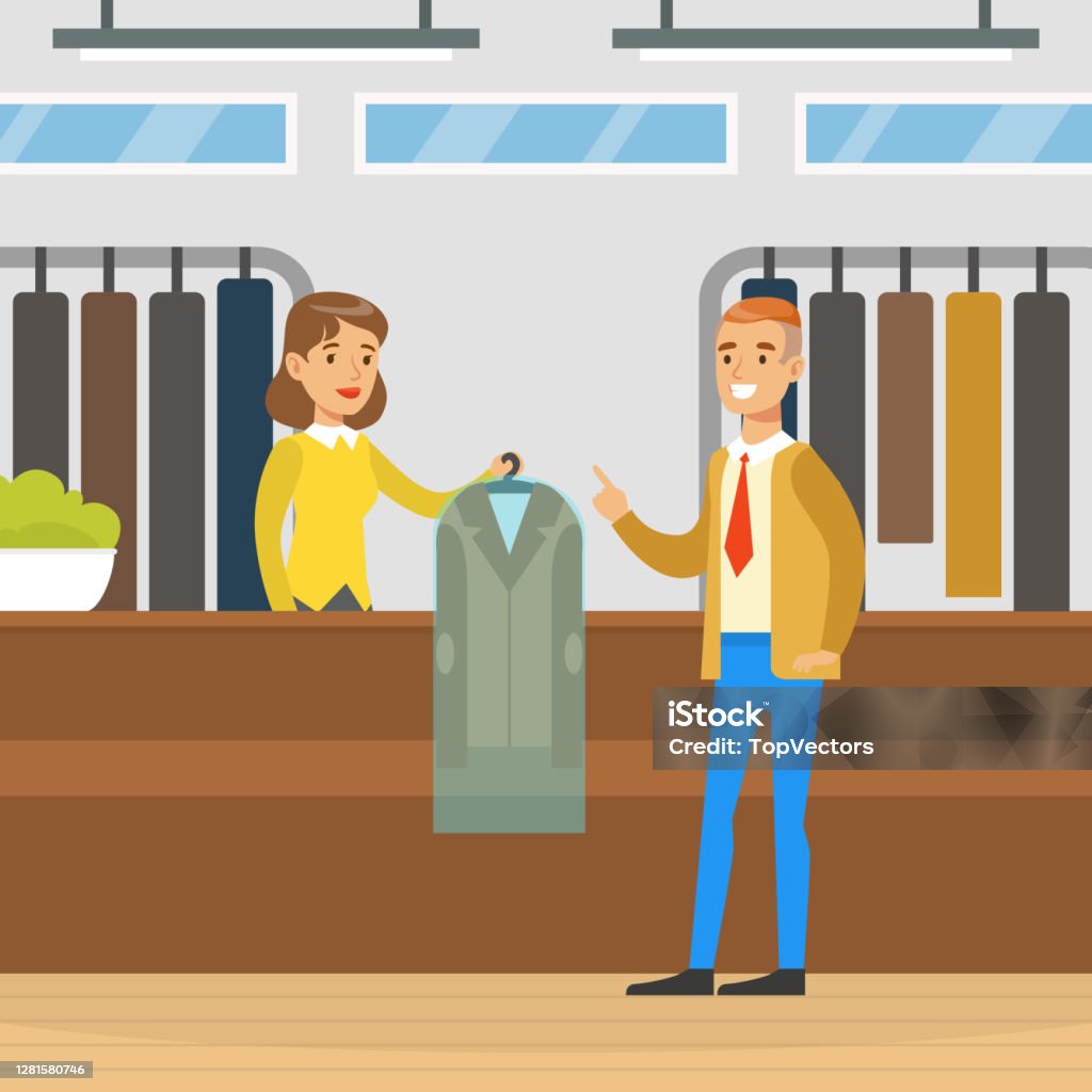 Dry Cleaning Shop Woman Employee Giving Clean Clothes To Male Client Cartoon  Vector Illustration Stock Illustration - Download Image Now - iStock